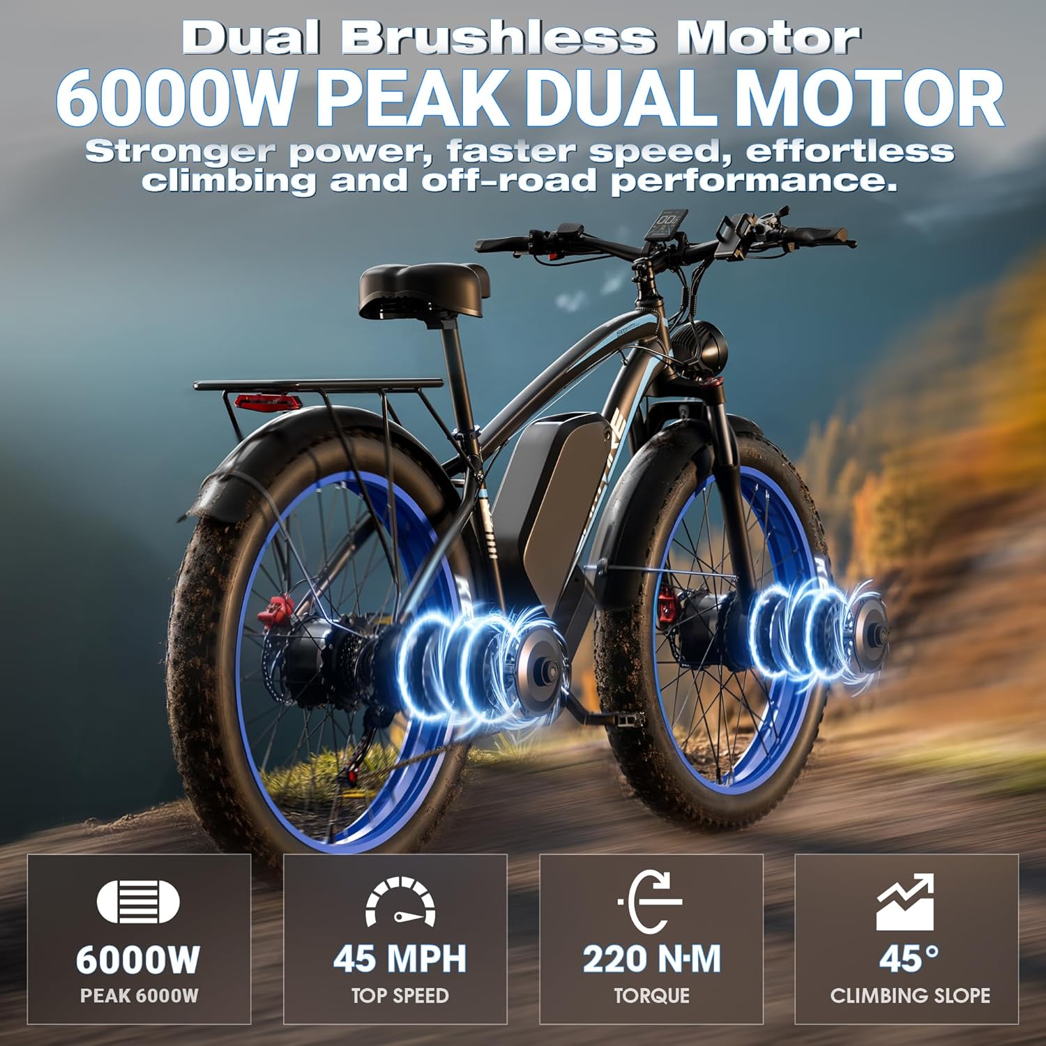E Bike for Adults, 4000W Peak 6000W Dual Motor Electric Bike, 52V 32AH Battery 45MPH Up to 90 Miles EBike, Front Suspension 7-Speed 24" Fat Tire Electric Commuter Bike, UL2849 Certified By SGS