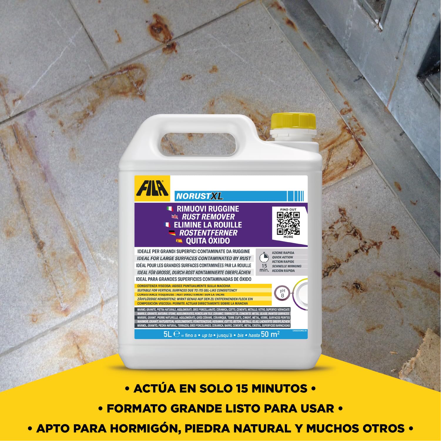 FILA NORUST XL Quitamanchas Antióxido sin Ácido para Mármol y Suelos 5L | Eliminador de óxido listo para usar en granito, piedra natural, gres porcelánico, cerámica y metal, para suelos y paredes