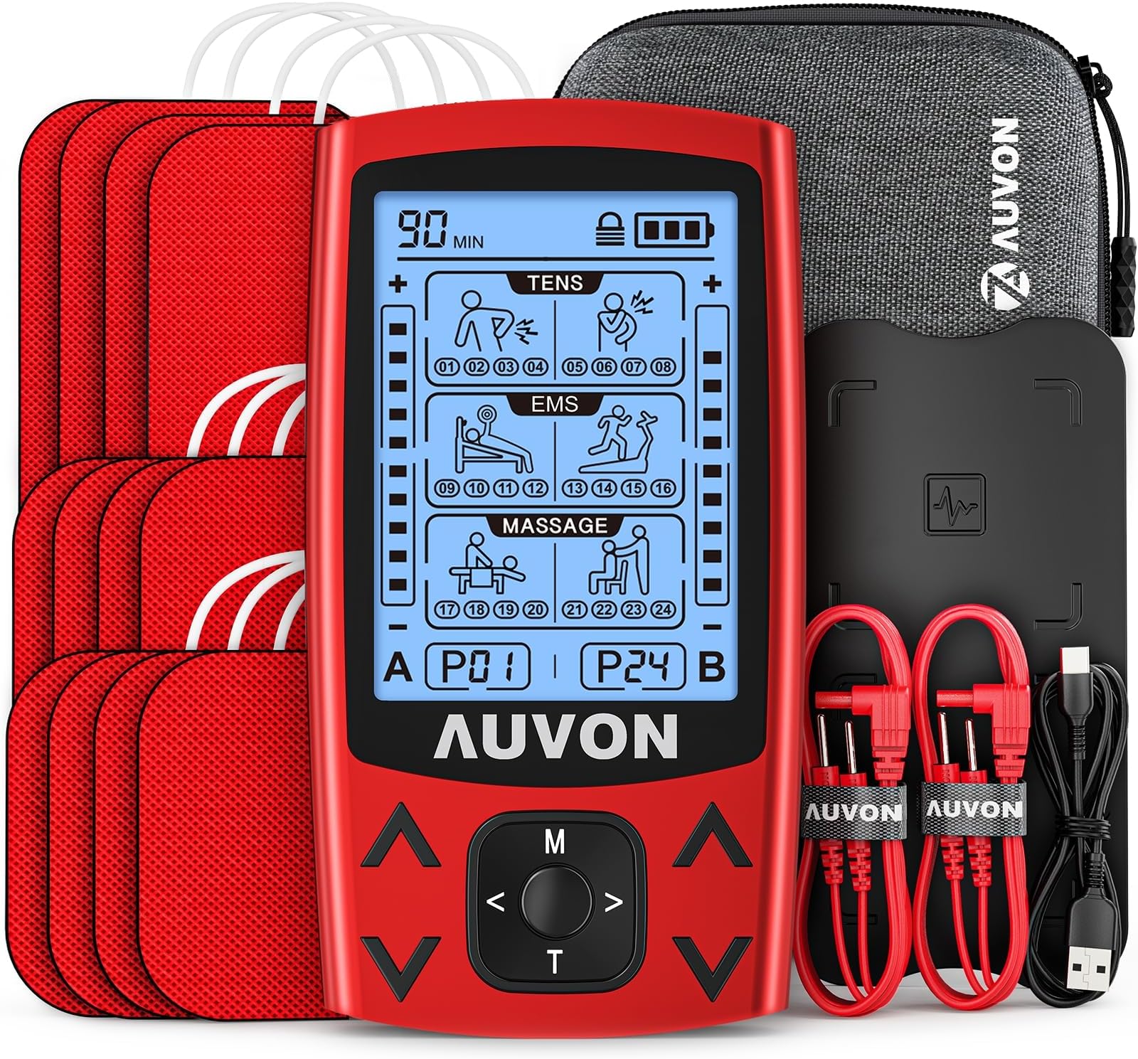 AUVON Dual Channel TENS EMS Unit, Electronic Pulse Massager with 24 Modes for Pain Relief Therapy & Muscle Performance Improvement, EVA Travel Case with 12 Professional Muscle Stimulator Electrodes