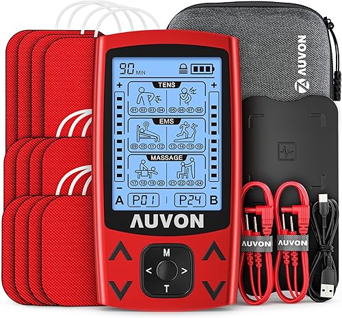 AUVON Unidad TENS EMS de doble canal, masajeador de pulso electrónico con 24 modos para terapia de alivio del dolor y mejora del rendimiento