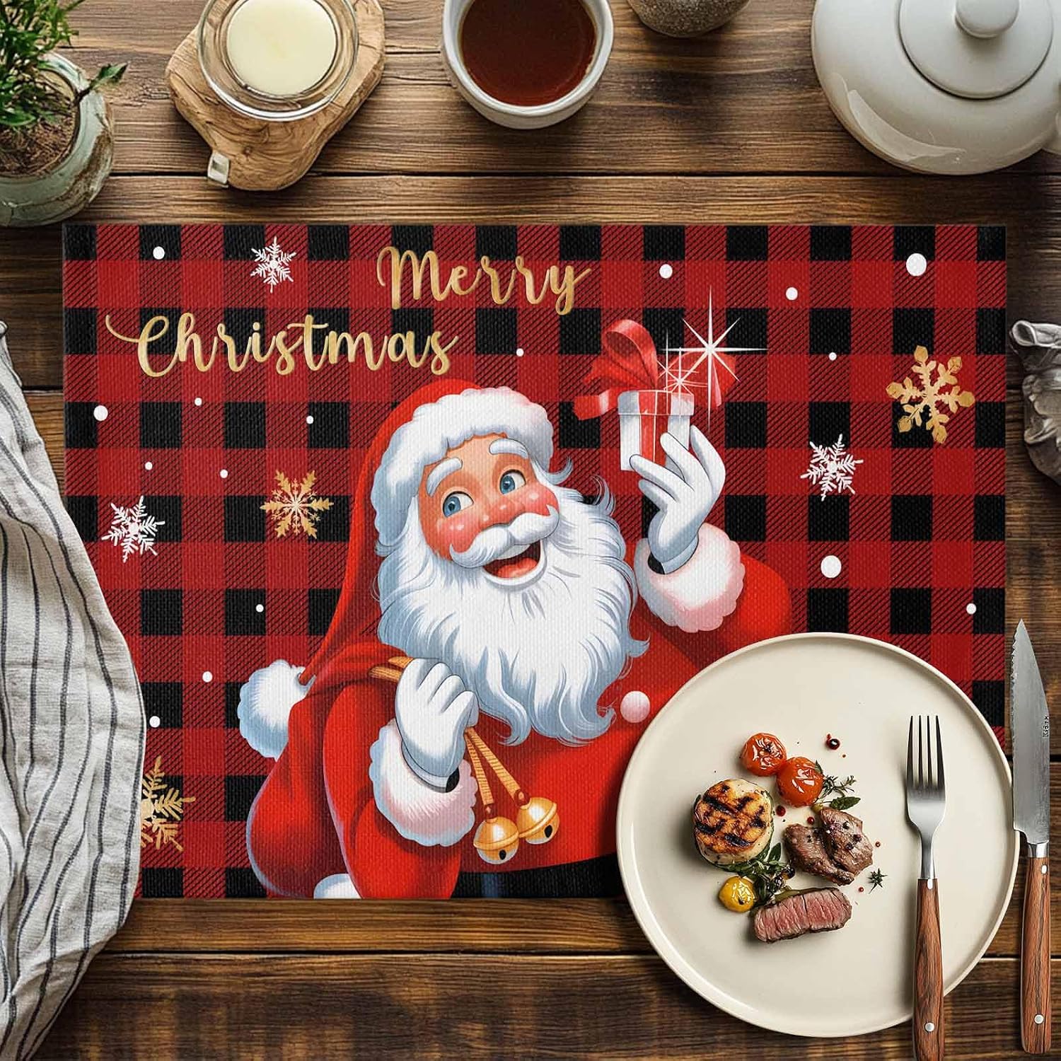 Santa Claus Christmas Placemats Set of 4, Washable Cotton Linen Table Mats for Kitchen Dining Table, Heat Insulation Place Mats for Indoor Outdoor Parties, Holiday Decorations