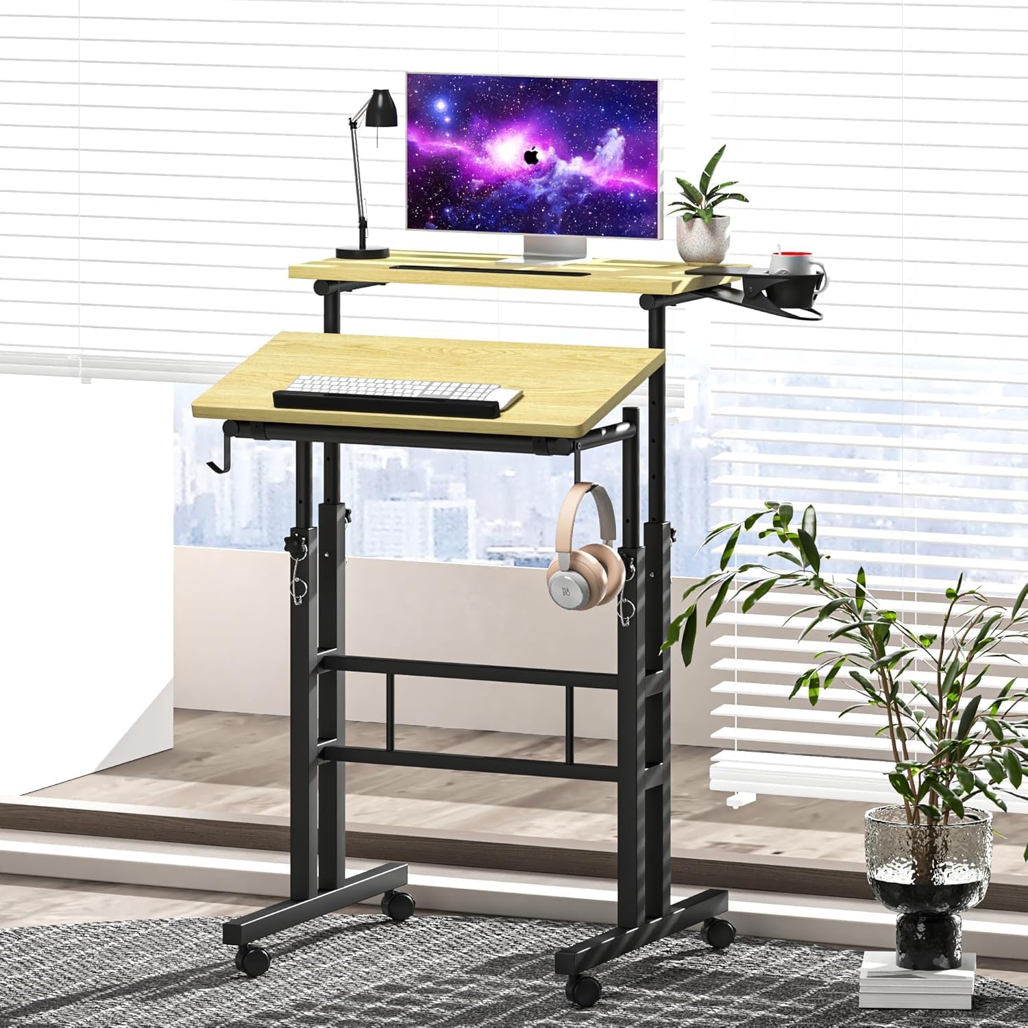 Klvied Stand Up Desk on Wheels, Portable Computer Desk for Home Office,Rolling Desk for Laptop with Removable Cup Holder, Adjustable Laptop Cart for Standing or Sitting,Natural