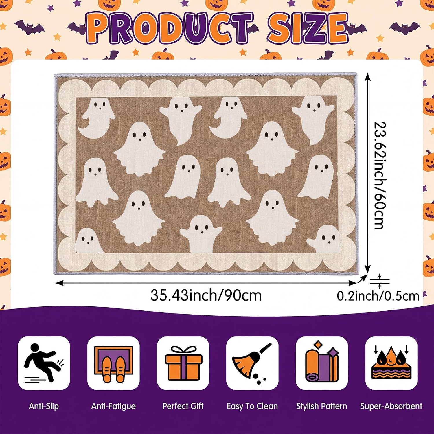 Halloween Ghost Scalloped Doormat, 2x3 Neutral Non Slip Washable Area Rug, Vintage Brown Spooky Floor Mat for Indoor Outdoor Farmhouse Entryway Bedroom Kitchen Front Porch Decor