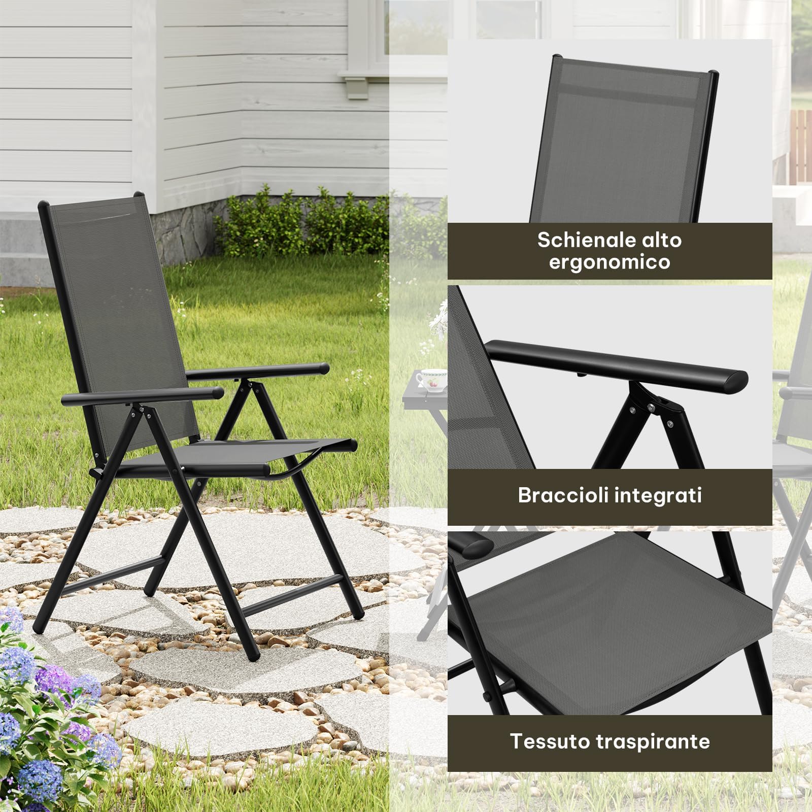eSituro Set di 2 Sedie da Giardino Pieghevoli, Schienale Regolabile a 7 Livelli, Sedia Pieghevole in Metallo, Resistente Alle Intemperie, Portata 150 Kg, per Giardino Balcone Terrazza, Nero Grigio