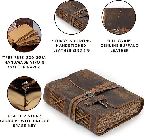 Miniatura 3 de Leather Village Diario, diseño de época, de cuero, unisex, papel tipo antiguo hecho a mano, cierre de llave estilo antiguo, libro de sombras,