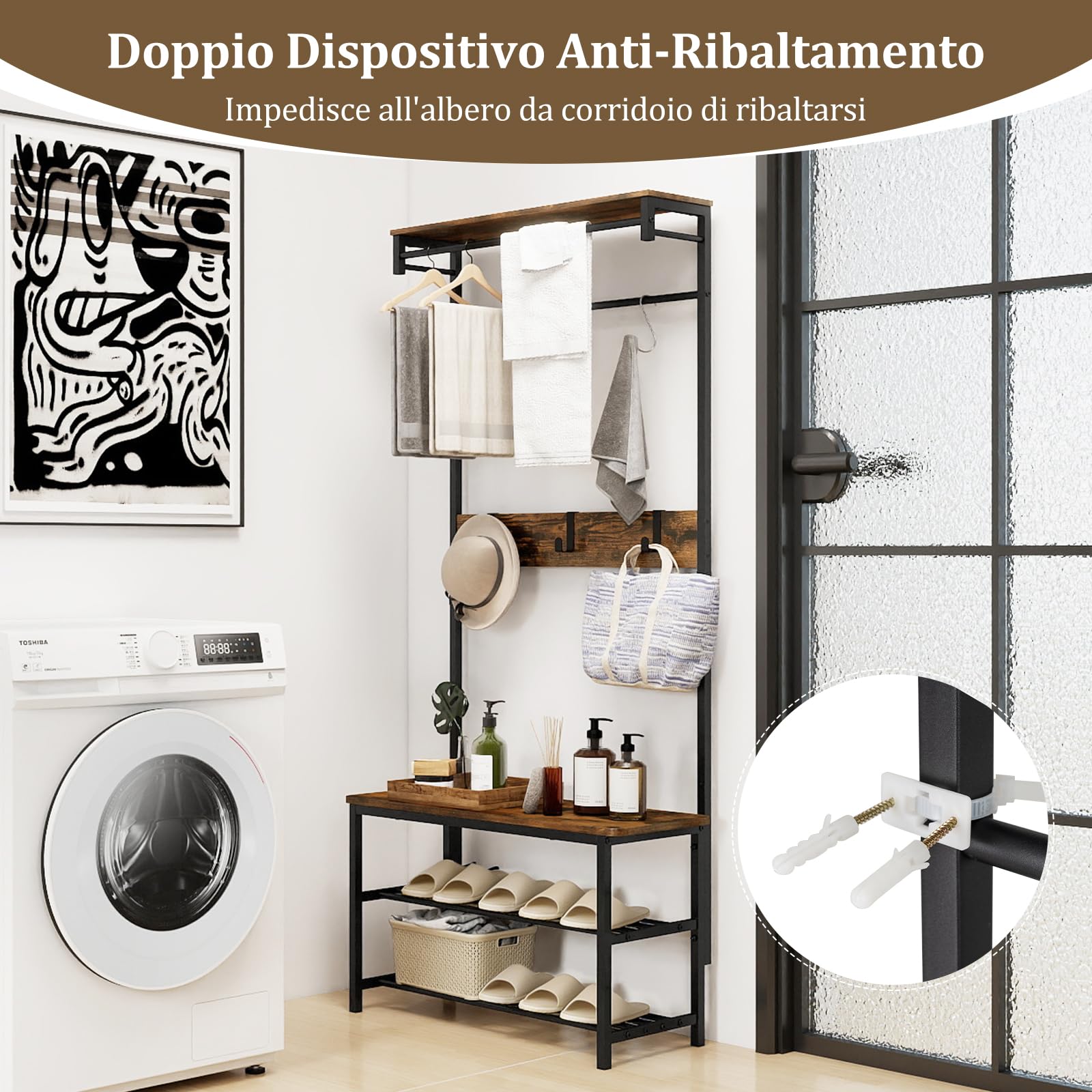RELAX4LIFE Appendiabiti Scarpiera Alta, Organizzatore con Panca per Scarpe, Mensola di Stoccaggio, Barre per Appendere e 6 Ganci Estraibili, Appendiabiti Industriale per Corridoio e Ingresso