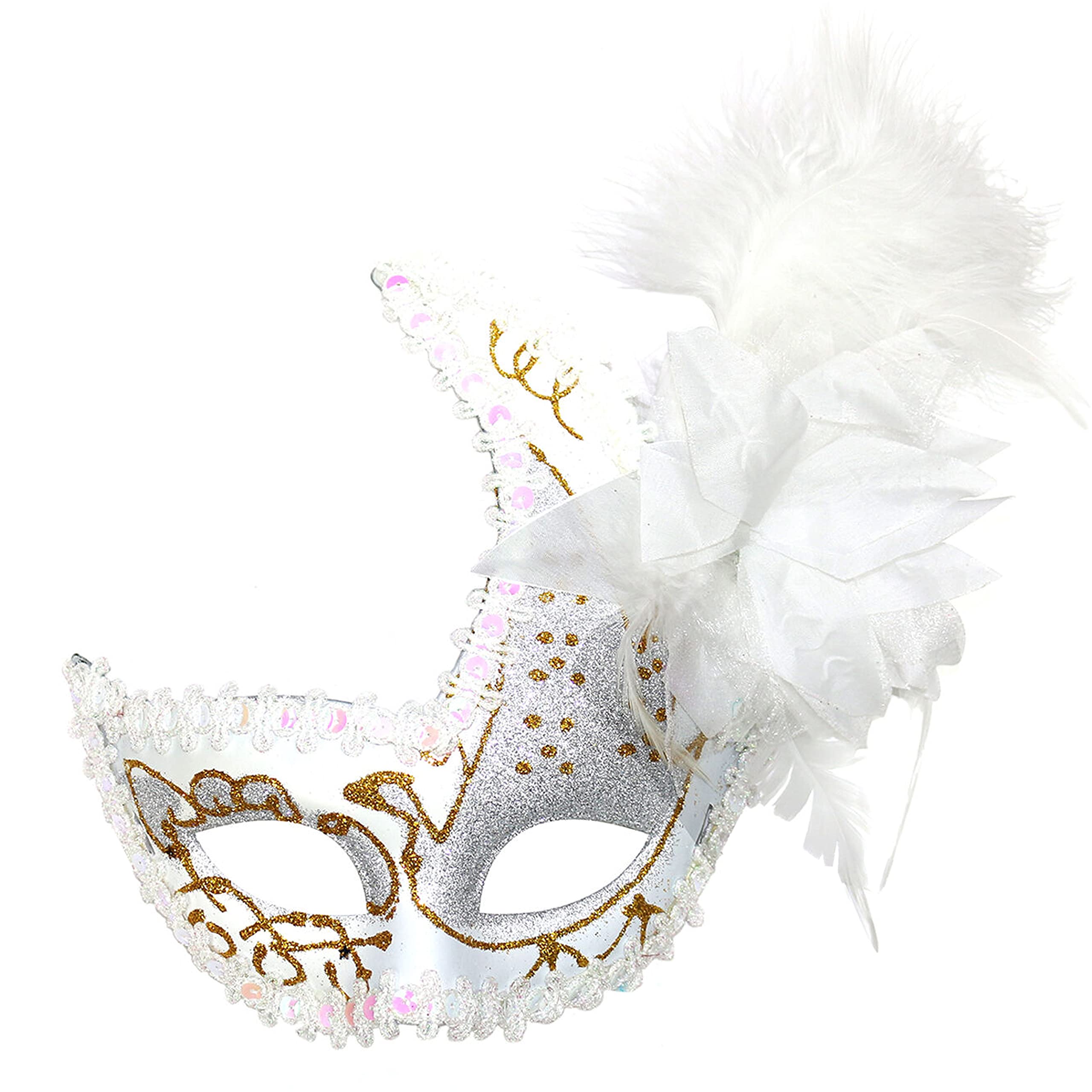 Women's Girls Deluxe Lace Detail Glitter Masquerade Mask w/Feather & Flower - Choose Colour (White/Gold)