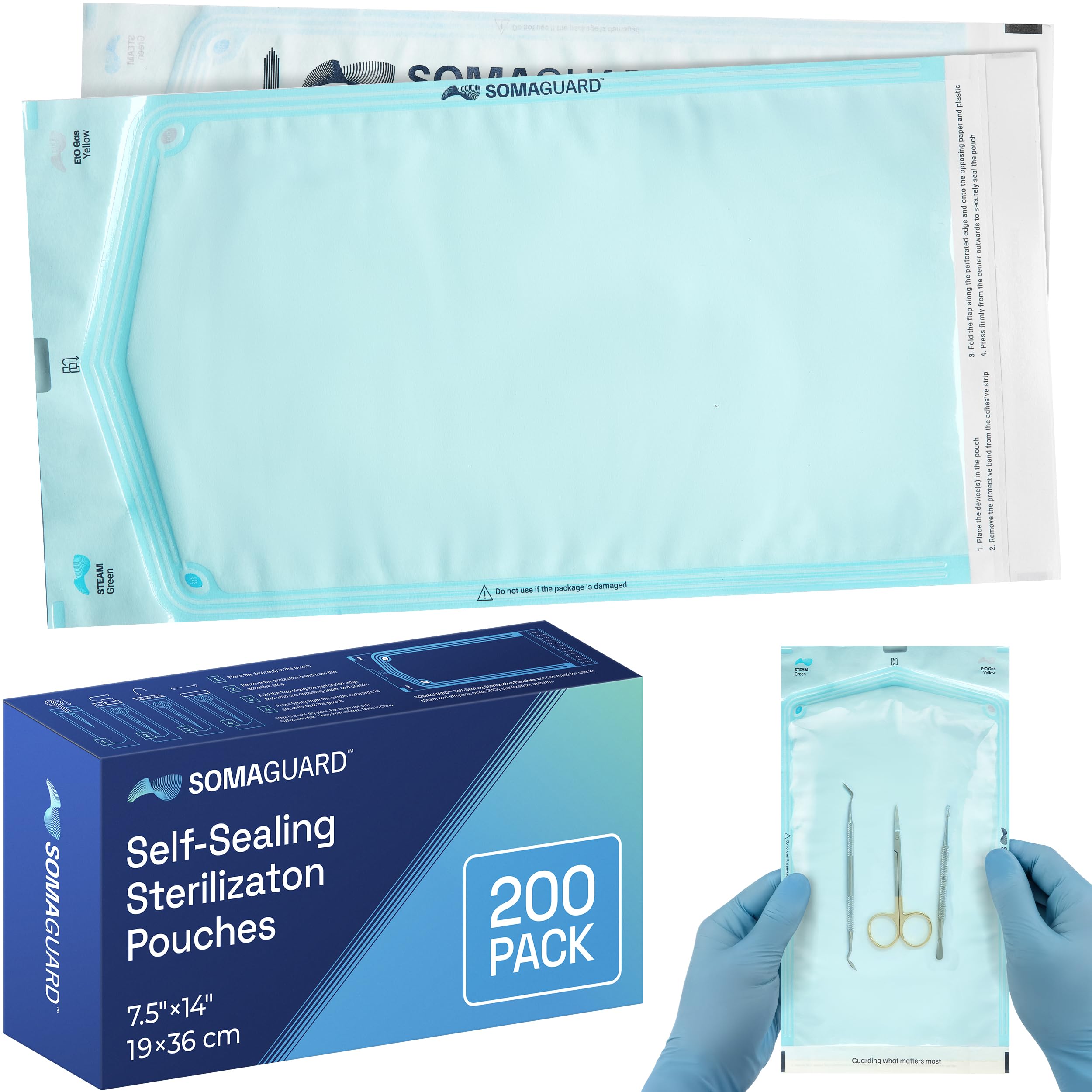 Sacchetti autosigillanti per sterilizzazione, indicatori di cambio colore per autoclave EO e vapore, tripla sigillata, chiusura adesiva, facile da aprire, senza lattice, 19 x 35 cm