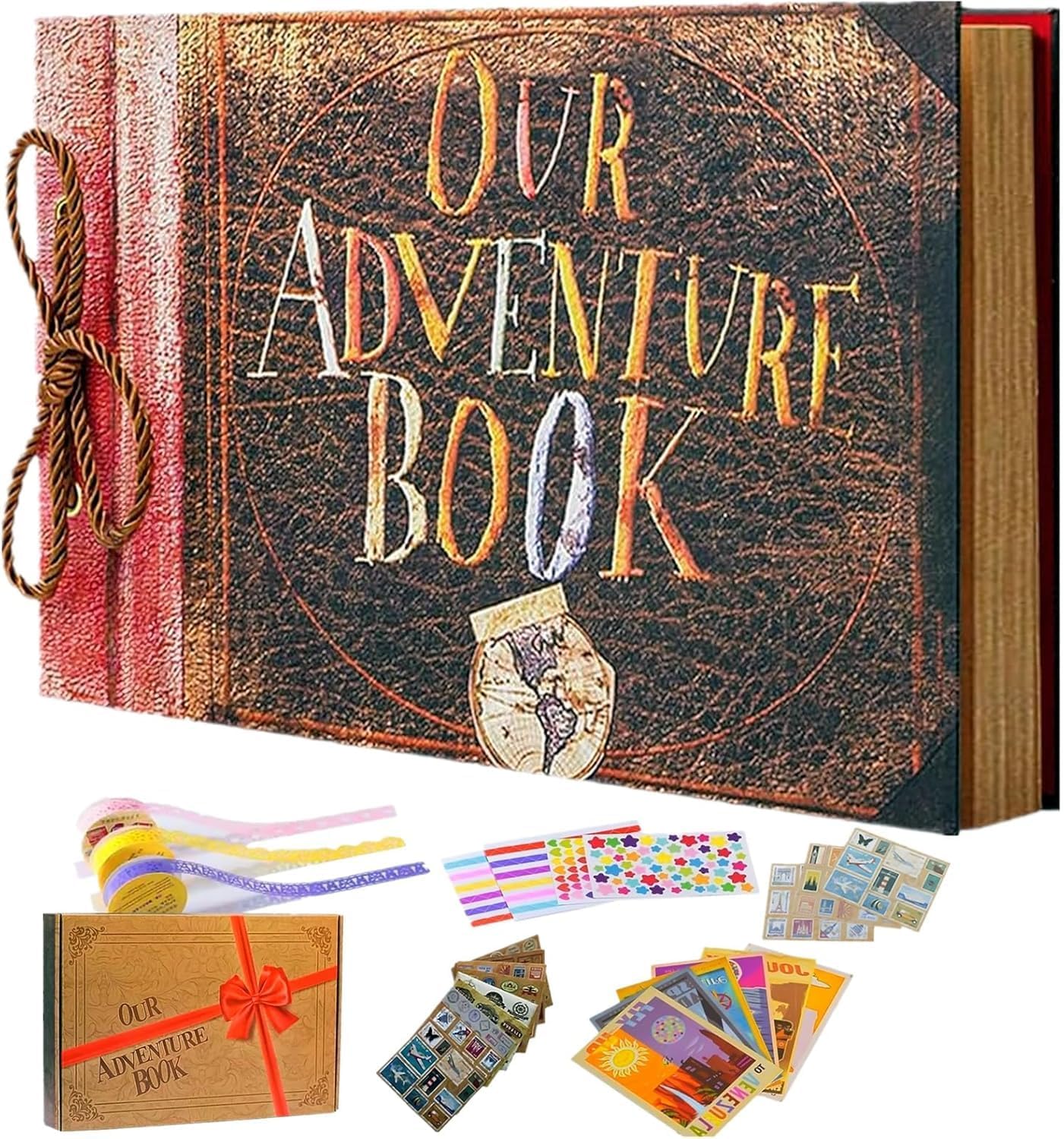 FEIYUBUY Our Adventure Book Scrapbook - Up Inspired Retro Travel Memory Album, 11.92x7.62 DIY Photo Book with Stickers, Postcards & Gift Box