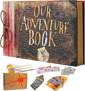 FEIYUBUY Our Adventure Book Scrapbook - Up Inspired Retro Travel Memory Album, 11.92x7.62 DIY Photo Book with Stickers, Postcards & Gift Box