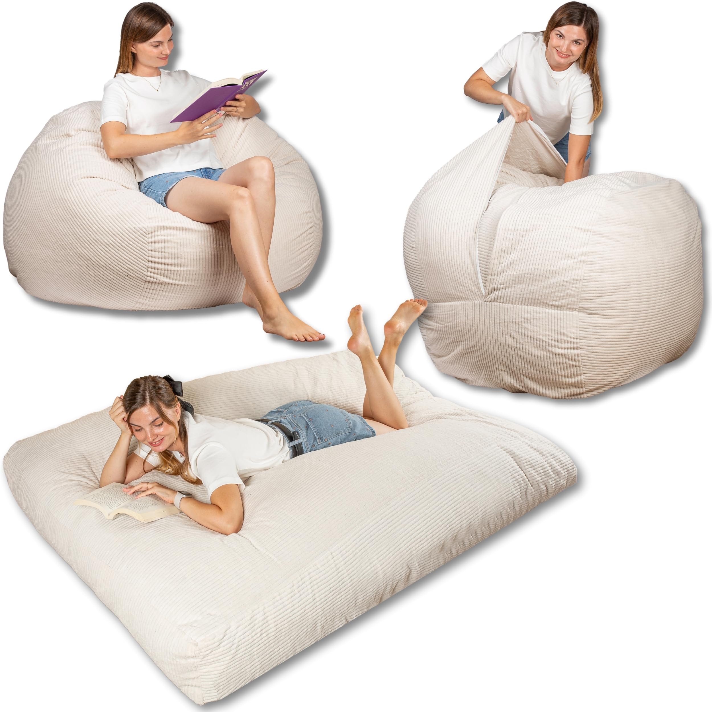 Bananair - Pouf Lit Convertible en Velours Côtelé – Transformable en Matelas d'Appoint Ultra Confortable, Rembourrage en Mousse – Pouf Salon/​Chambre Utilisable en Futon/​Matelas de Sol (Blanc Cassé)