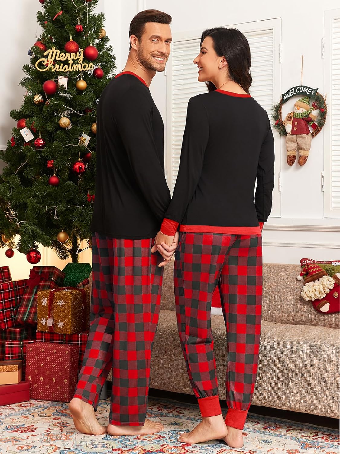 Men & Women Pajama Sets for Couples Long Sleeve Sleepwear Plaid Pants with Pockets Xmas Pjs Black & Red Plaid S - Image 3