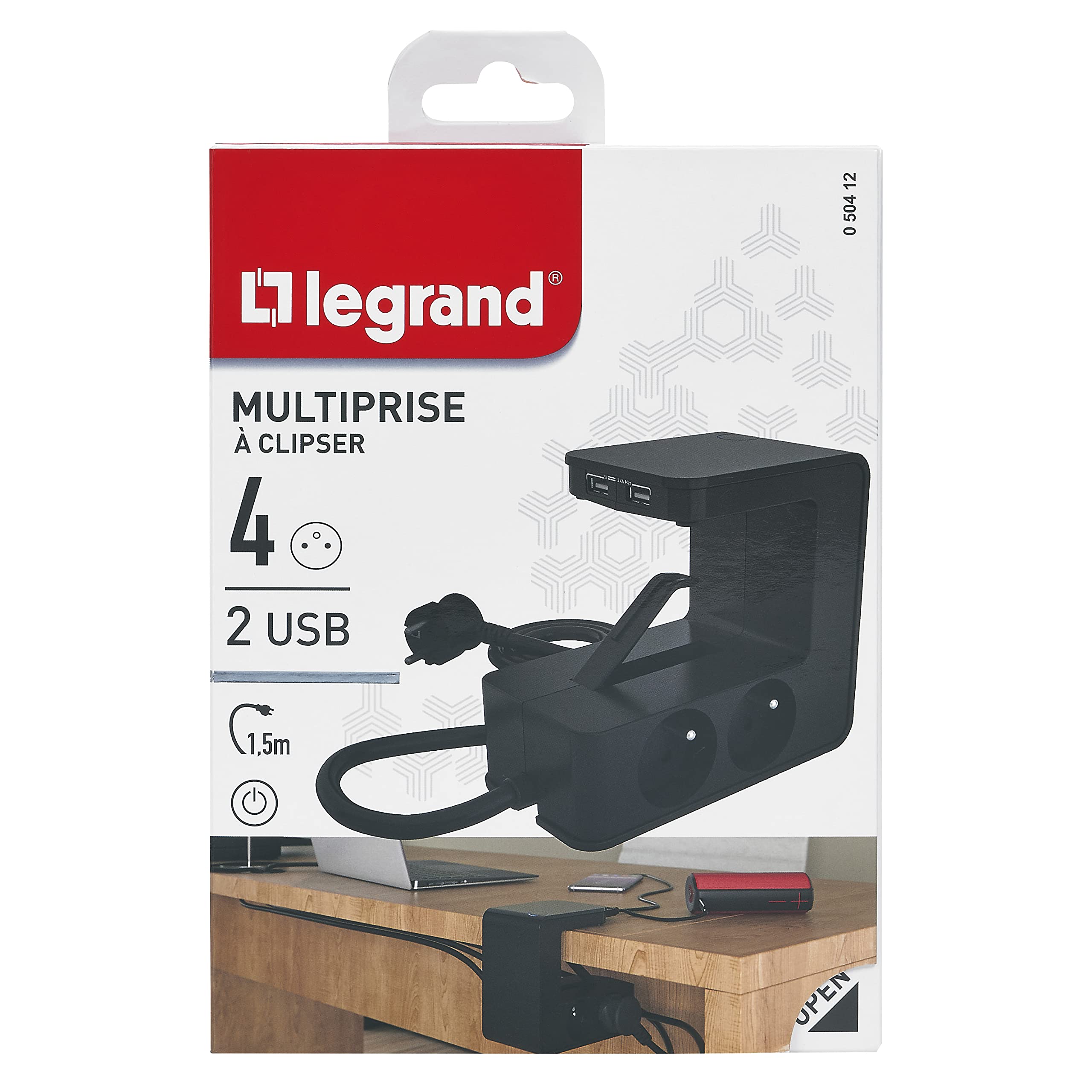 Legrand - Przedłużacz zaciskowy 4 gniazdka elektryczne i 2 ładowarki USB Typ-A - czarny