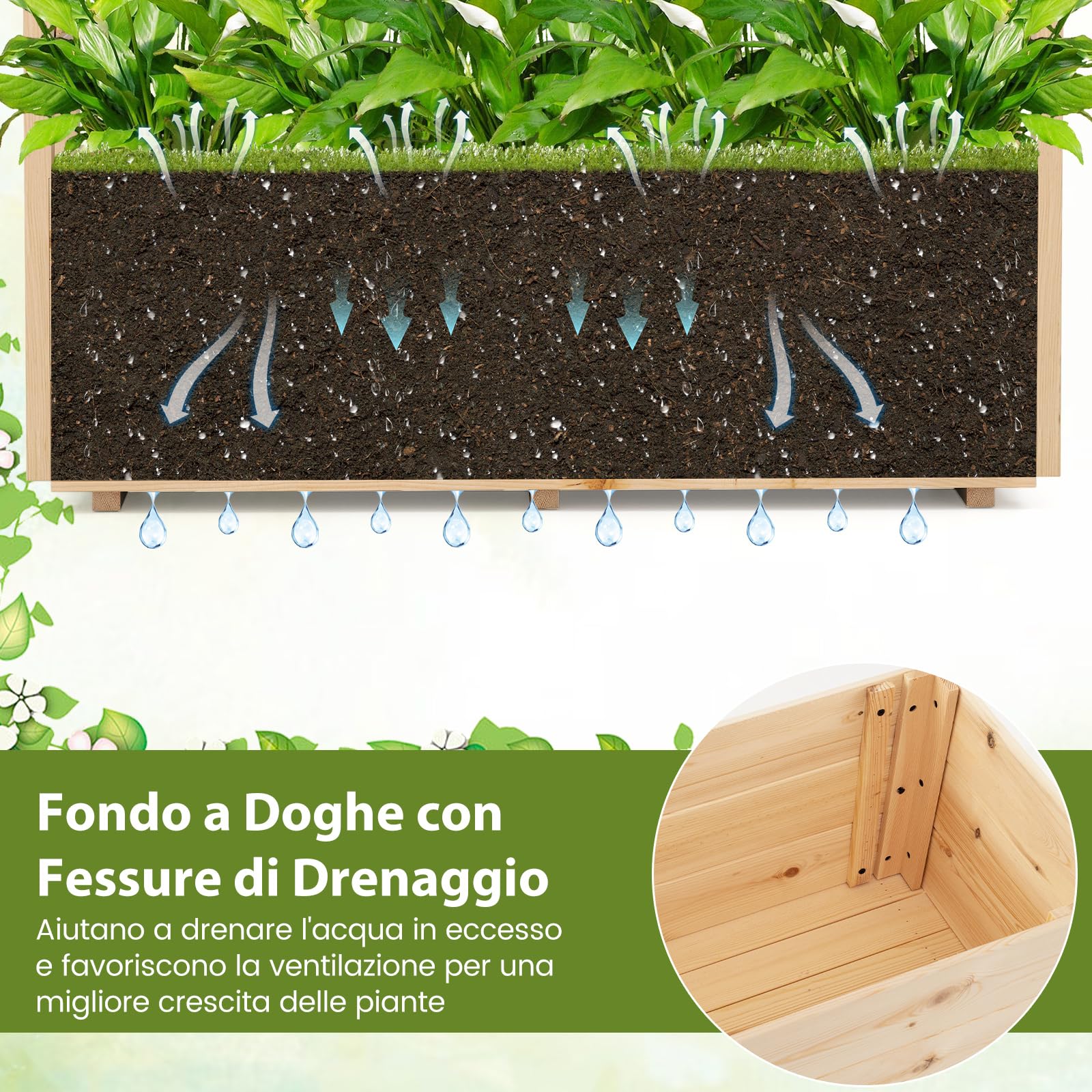 COSTWAY Fioriera Rialzata da Esterno con Grigliato | Letto Rialzato in Legno di Pino per Piante Rampicanti con Fori di Drenaggio, da Giadino, Cortile e Balcone