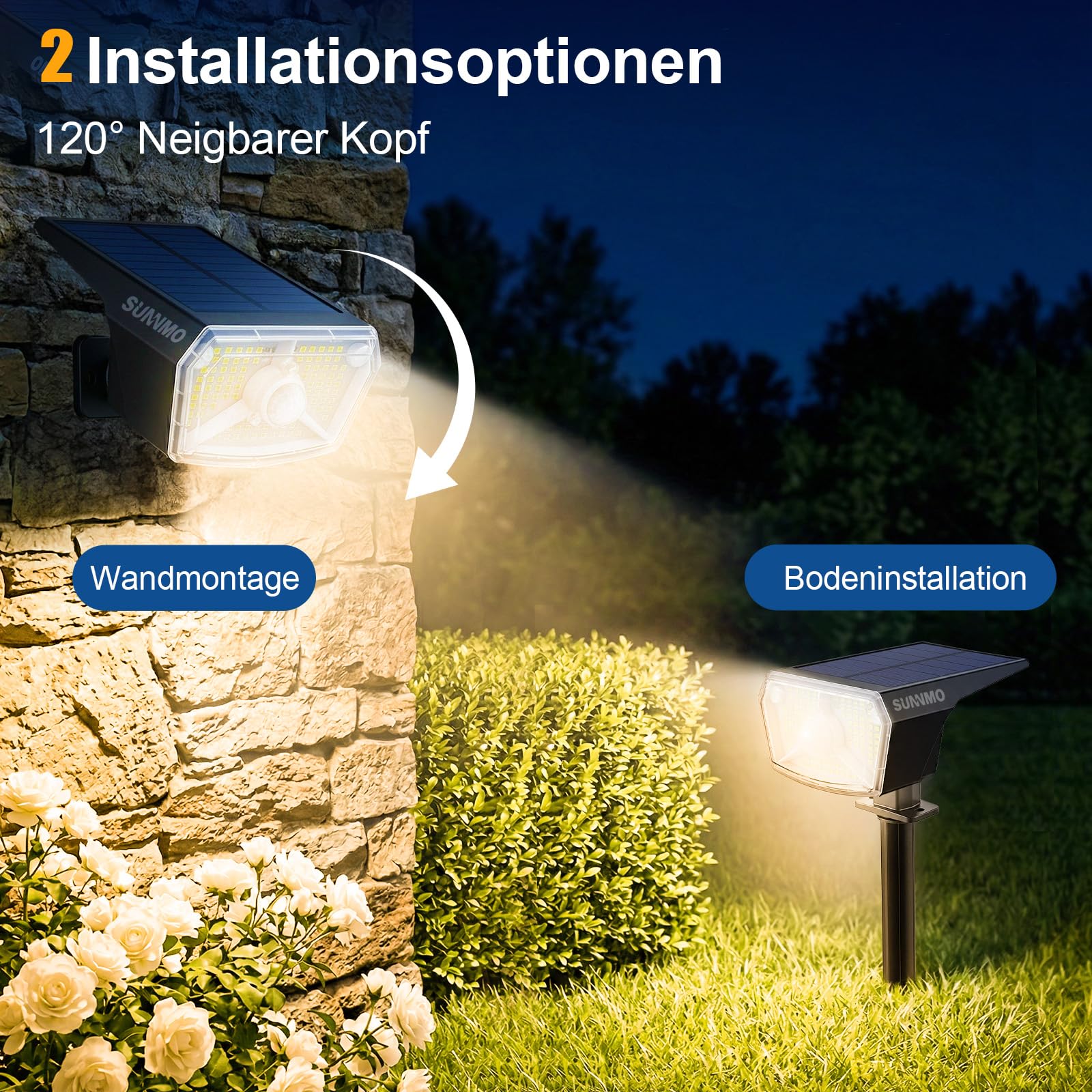 Solarlampen für Außen mit Bewegungsmelder, Solarleuchten Garten 104 LED 3Modi Wetterfest IP65 Wasserdicht, Solar Gartenleuchten Solarstrahler für Außen Garten sehr Hell Warmweiß 3000K, 4 Stück