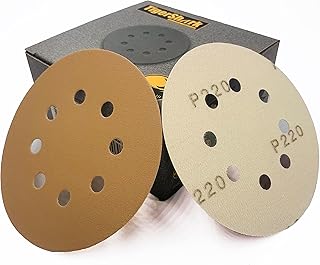 5 Inch Sanding Discs 8 Hole Grit 220 50pcs Pack Special Anti Clog Coating Tigershark Paper Gold Line Hook and Loop Dustless Random Orbital Sander Paper Fine