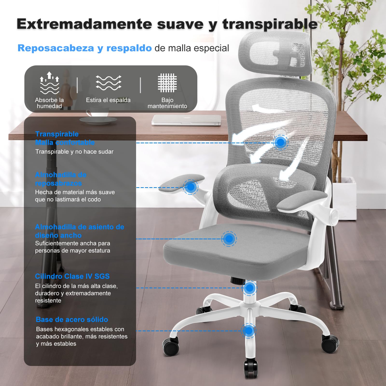 Magic Life Silla de Oficina ergonómica con cojín elástico, Respaldo de Malla Transpirable, reposabrazos Plegables, Soporte Lumbar, Altura Ajustable, Silla de Escritorio para Oficina y hogar
