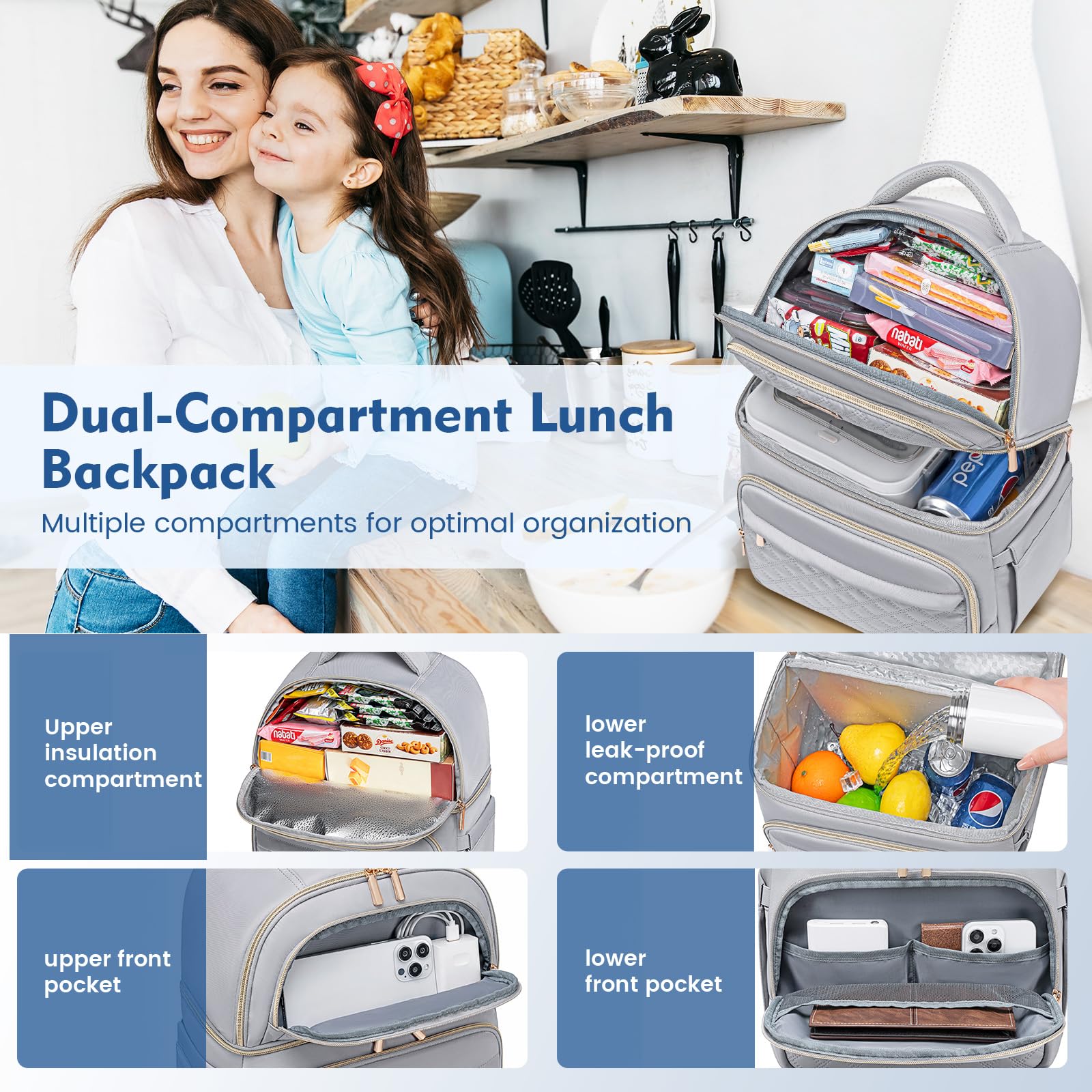 Zaino, borsa termica per il pranzo a due piani, borsa termica per il pranzo