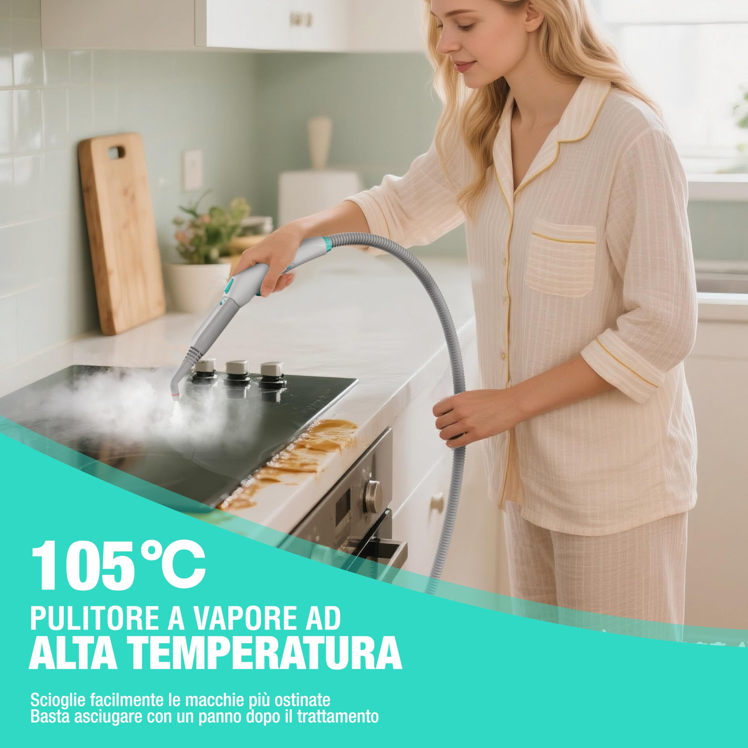 HAUSHOF Pulitore a Vapore Portatile 2000W, 1,5L, 4 Bar, 8 Min Riscaldamento, Lavapavimenti a Vapore Multifunzione con 16 Accessori e Cavo 3m, per Pavimenti, Tappeti, Finestre, Cucina