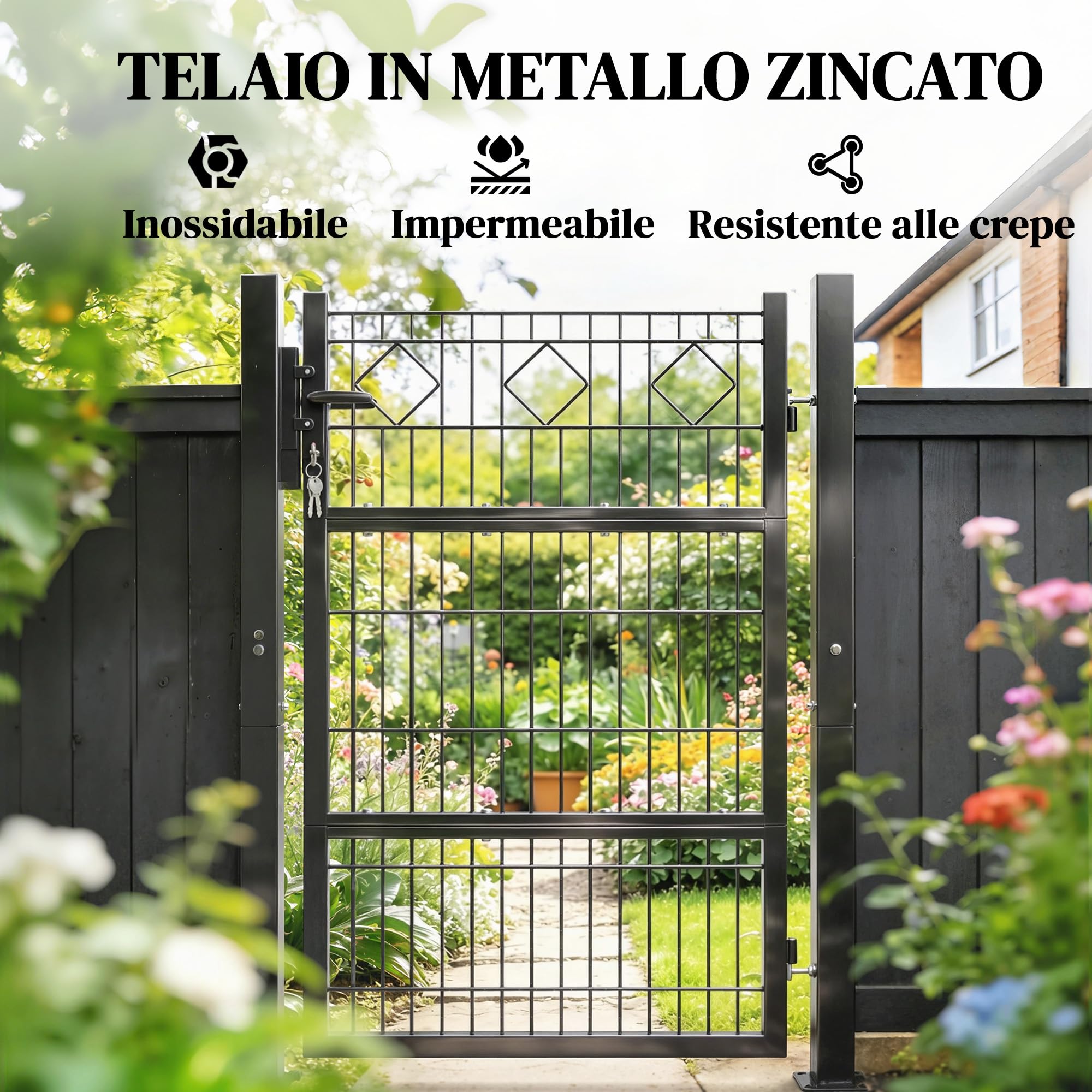 Outsunny Cancello da Giardino in Metallo Zincato 100x131 cm, Cancelletto da Giardino con Serratura, 3 Chiavi, Maniglia e 2 Pali, Cancello Esterno per Recinzione Ingresso Cortile Terrazzo, Grigio Scuro