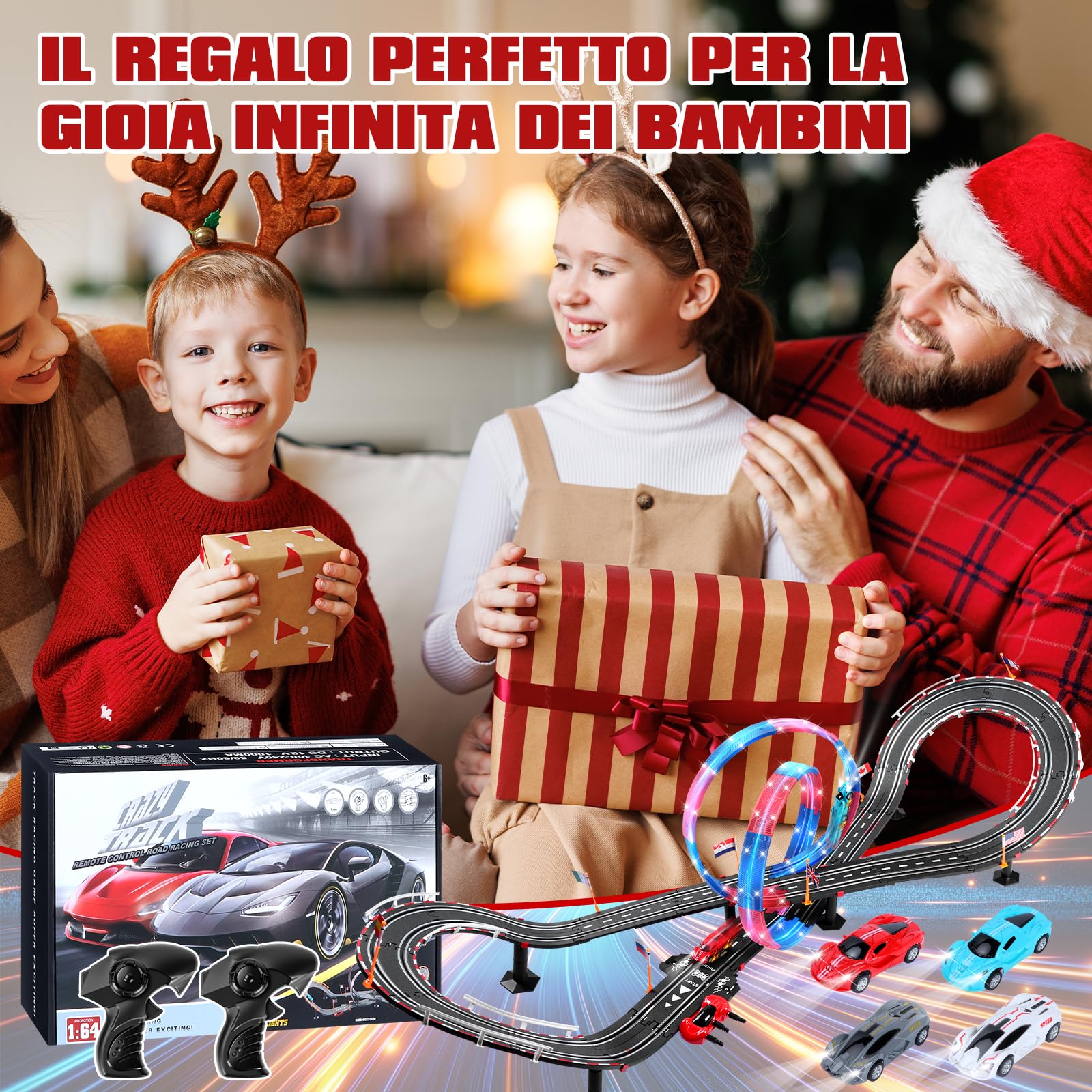 Piste Corsa Elettriche, Illuminato Pista Macchinine Piste Auto Bambini - 4 LED Macchine, Spina, 360° Cerchio, Comandi, Contatore, Piste Corsa Bambini 3 4 5 6 7 8 Anni Giocattoli Regali (L)