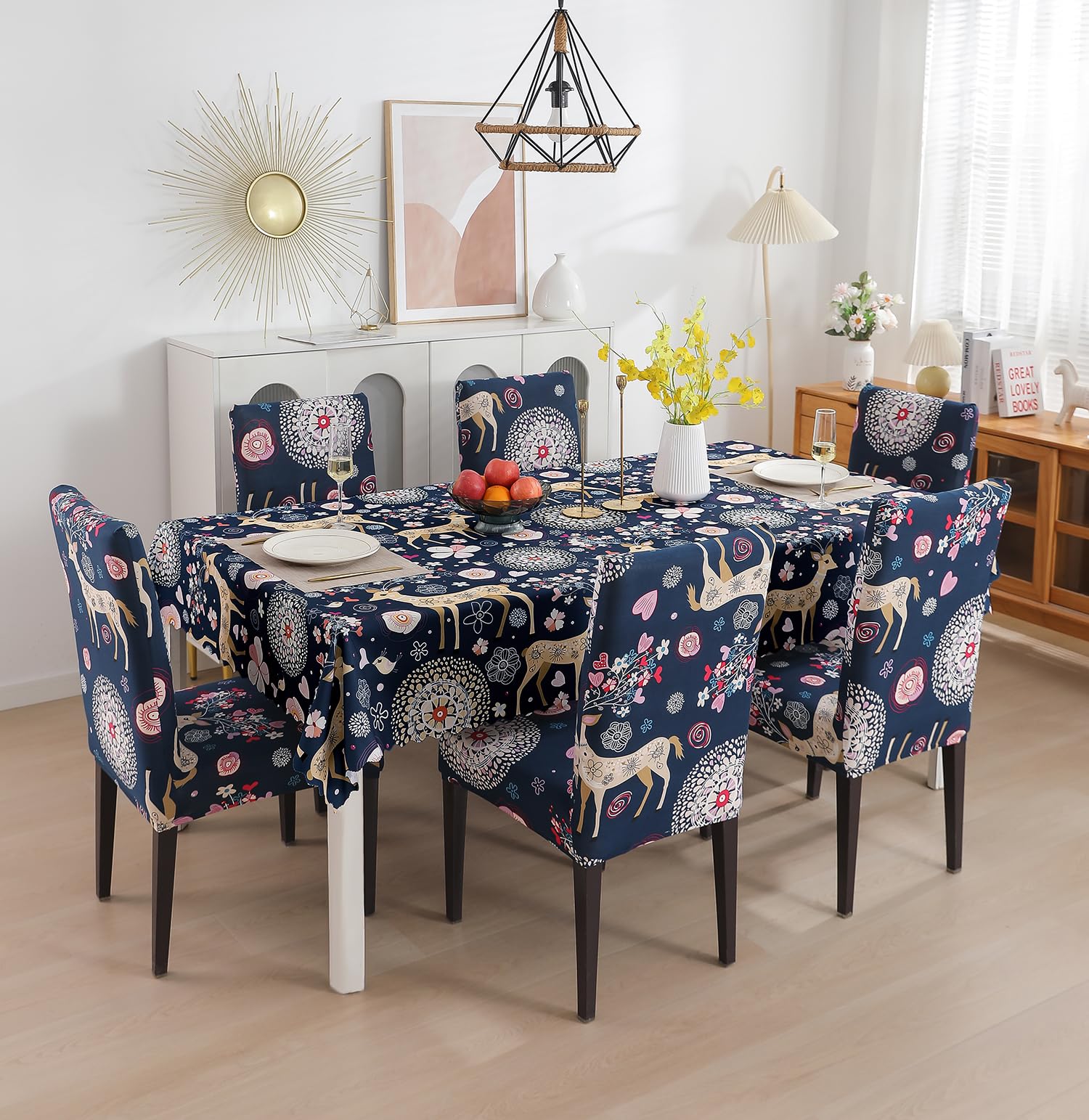 House of Quirk Dining Chair Cover with Table Covers for Kitchen Waterproof Dining Table Cloth (Blue Deer, 1 Table Cover + 4 Chair Cover) Polyvinyl Chloride,Rectangular