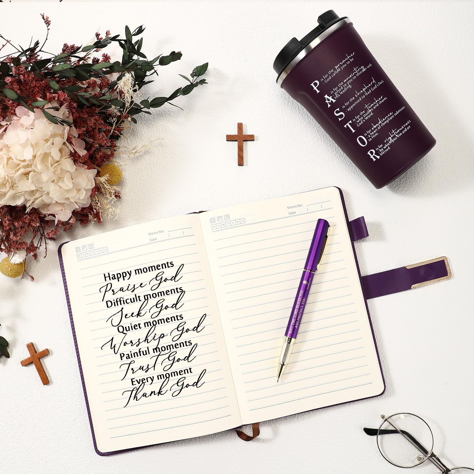 Set mit 3 Pastoren-Wertschätzungsgeschenken – Edelstahlbecher, A5, Tagebuch, inspirierender Kugelschreiber für Pastor, Mann, Ruhestand, Jahrestag, Geburtstag, Geschenk (Roman, Violett)
