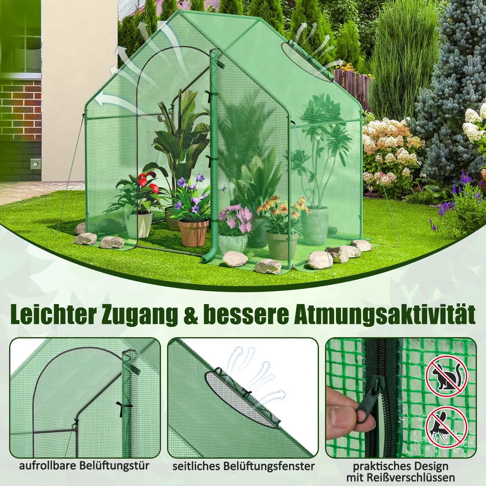 RELAX4LIFE Gewächshaus, Foliengewächshaus Winterfest mit PE-Abdeckung und Fenster, Überwinterungszelt für Pflanzen, Tomatengewächshaus für Pflanzen, Gemüse, Blumen, 179 x 100 x 167 cm, Grün