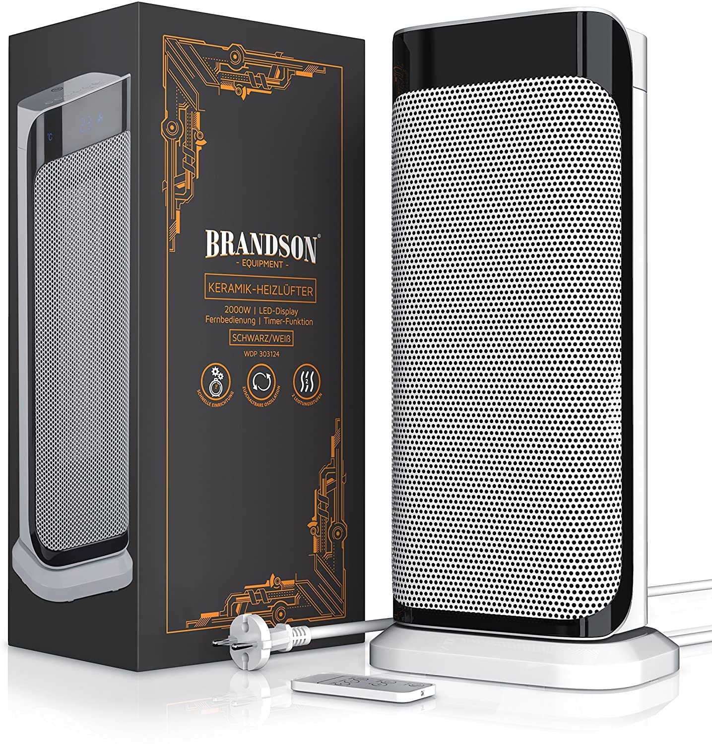 Brandson Chauffage soufflant avec télécommande en céramique pour Salle de Bain et Salle de Bain avec Fonction Oscillation, 2 Niveaux de Chauffage, minuteur et Chauffage - Certifié GS