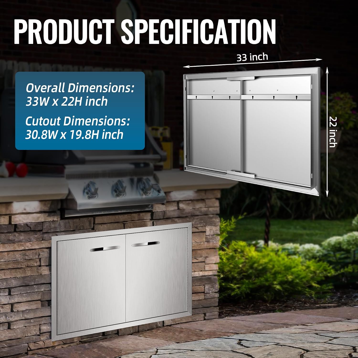 BBQ Access Door 33" W x 22" H Stainless Steel Outdoor Kitchen Doors, Weatherproof, Double Flush Mount Door with Handles for Outside Cabinets, BBQ Island, Grilling Station
