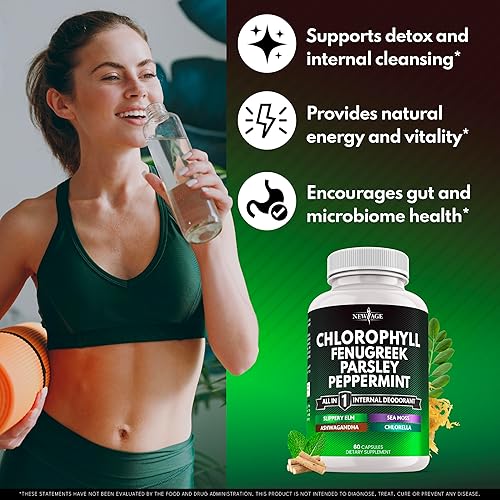 Miniatura 3 de Cápsulas de fenogreco de clorofila - Suplemento desodorante interno de menta - Fenogreco 201, musgo marino, perejil, clorella, espirulina, olmo