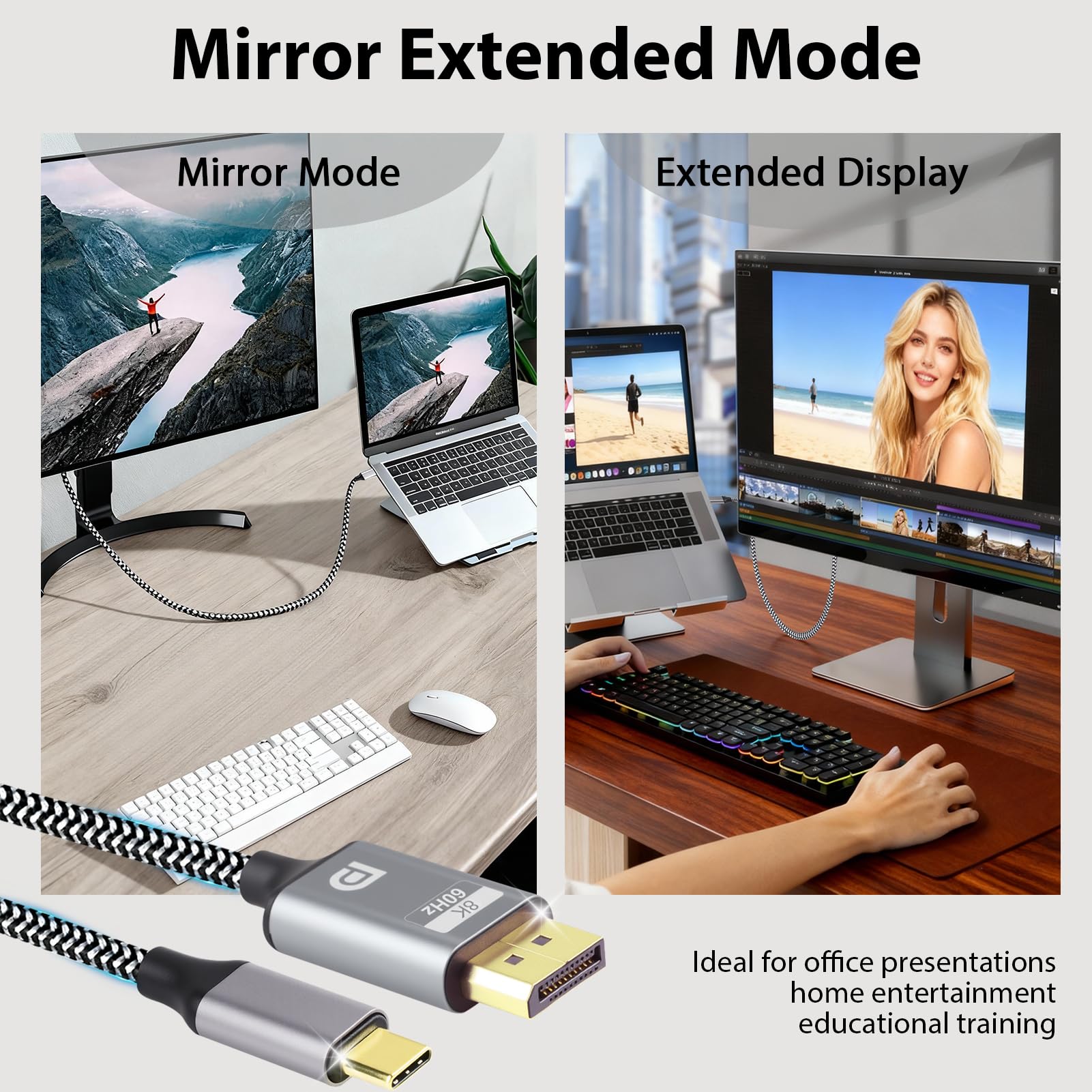 Cable USB C a DisplayPort 8K @60Hz 1,8M Tipo C para Thunderbolt 3/4 a DP1.4 Cable HDR VRR 26Gbps para iPhone 15/16 Pro Max MacBook iPad Pro Air M2 Mac mini M4 Surface Pro Pro