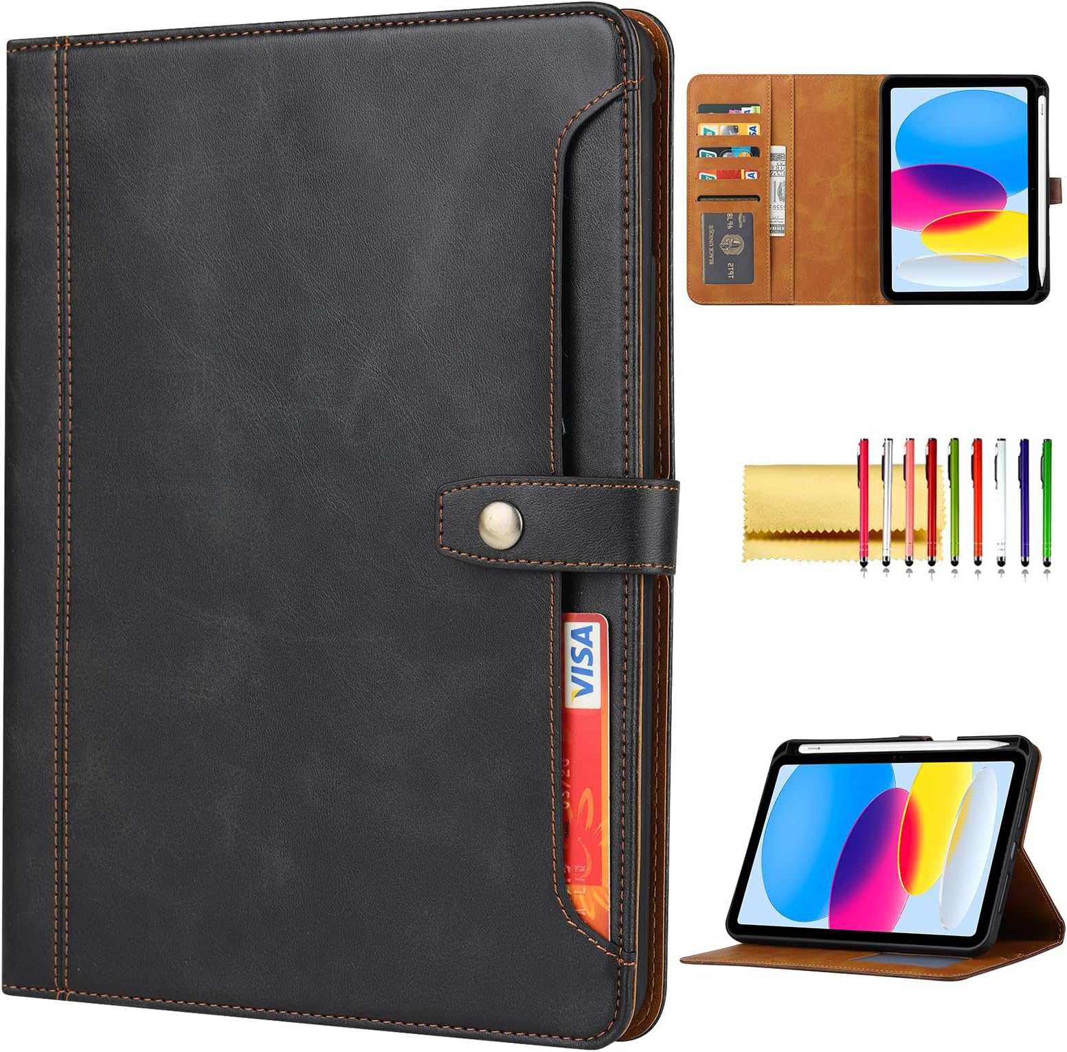 Folio Case for iPad (A16) 11" 2025 / iPad 10th Generation 2022, TECHCIRCLE Vegan Leather Folding Stand [Pencil Holder] Soft TPU Back Shell Protective Smart Cover with Card Slots & Pockets, Black