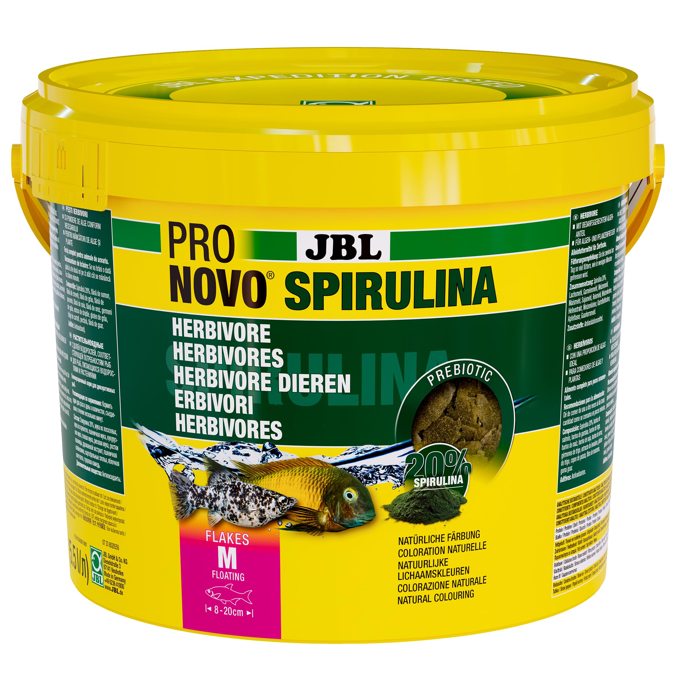 JBL PRONOVO SPIRULINA FLAKES, zielona karma dla wszystkich ryb akwariowych 8-20 cm, płatki pokarmu dla ryb, rozmiar M, 5500 ml