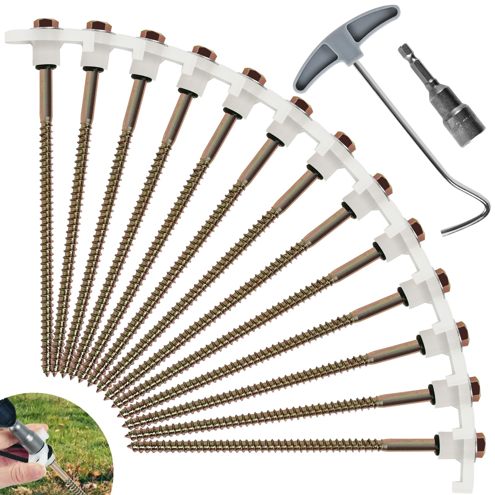 OFFOF 12 Pack Heavy Duty Metal Tent Pegs – Rotating Rock Pegs with Thread, Ground Anchors for Camping, Includes Drill Adapter & Nail Puller, Durable Steel Stakes for Garden, Canopies & Outdoor(white)