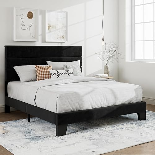 Miniatura 3 de SHA CERLIN Queen Platform Bed Frame with Velvet Upholstered Headboard, Mattress Foundation with Strong Wooden Slats Support, No Box Spring Needed