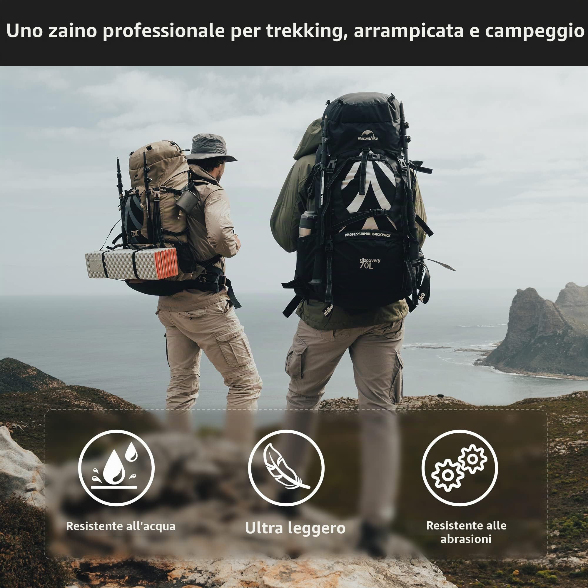 Naturehike Zaino da Trekking 70L Uomo Donne Zaino da Trekking Ultraleggero Impermeabile Grande Zaino da Viaggio con Copertura Pioggia per Outdoor, Alpinismo, Campeggio (Nero)