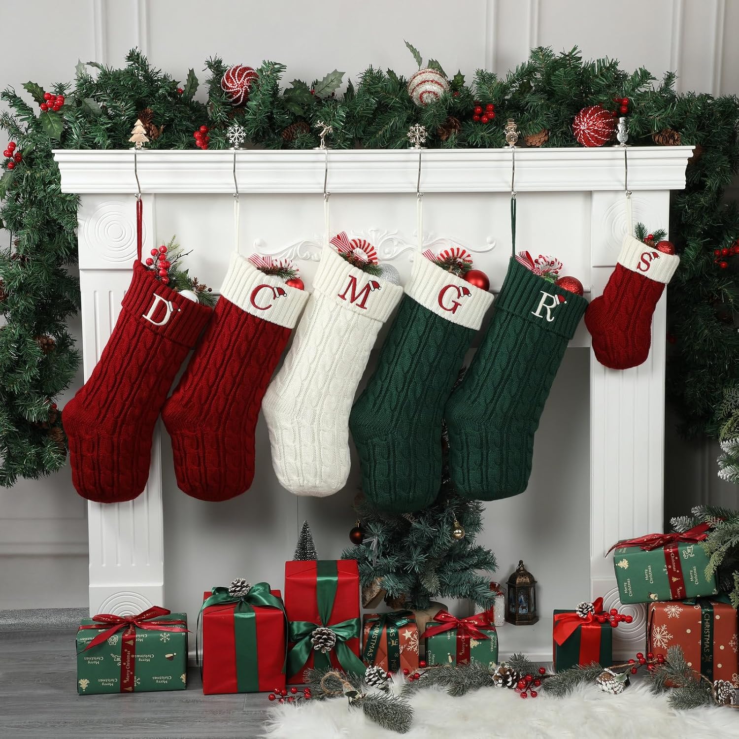 Christmas Stockings with Initials,Red Embroidered Monogram Xmas Stocking, 18'' Large Knitted Christmas Stocking for Kids Family, Hanging Stocking Fireplace Mantel Holiday Party Decoration (Letter M)