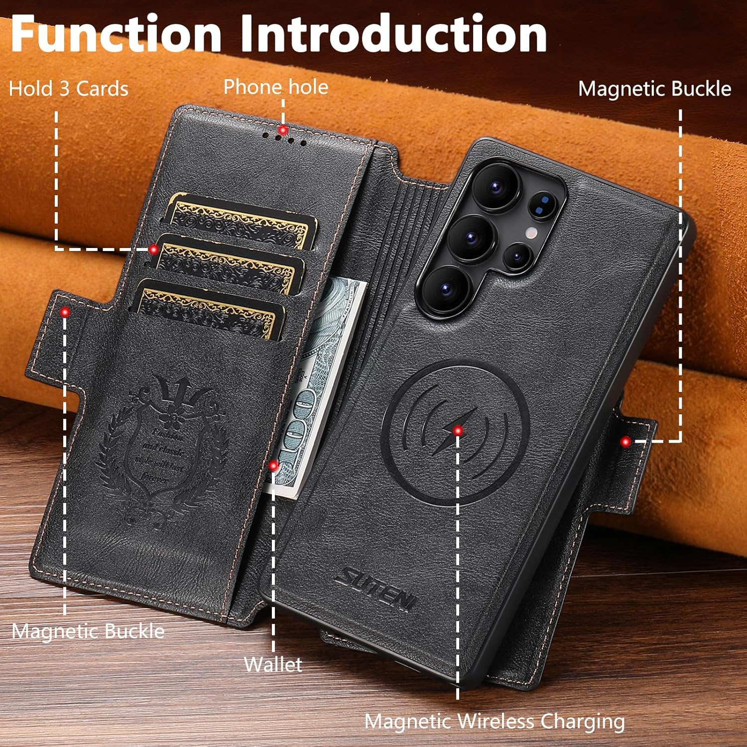 SINIANL for Samsung Galaxy S26 Ultra Leather Wallet Case Compatible with MagSafe Wireless Charging, Detachable Leather Cover with Card Slots Holder, Kickstand, Magnetic for Galaxy S26 Ultra Black