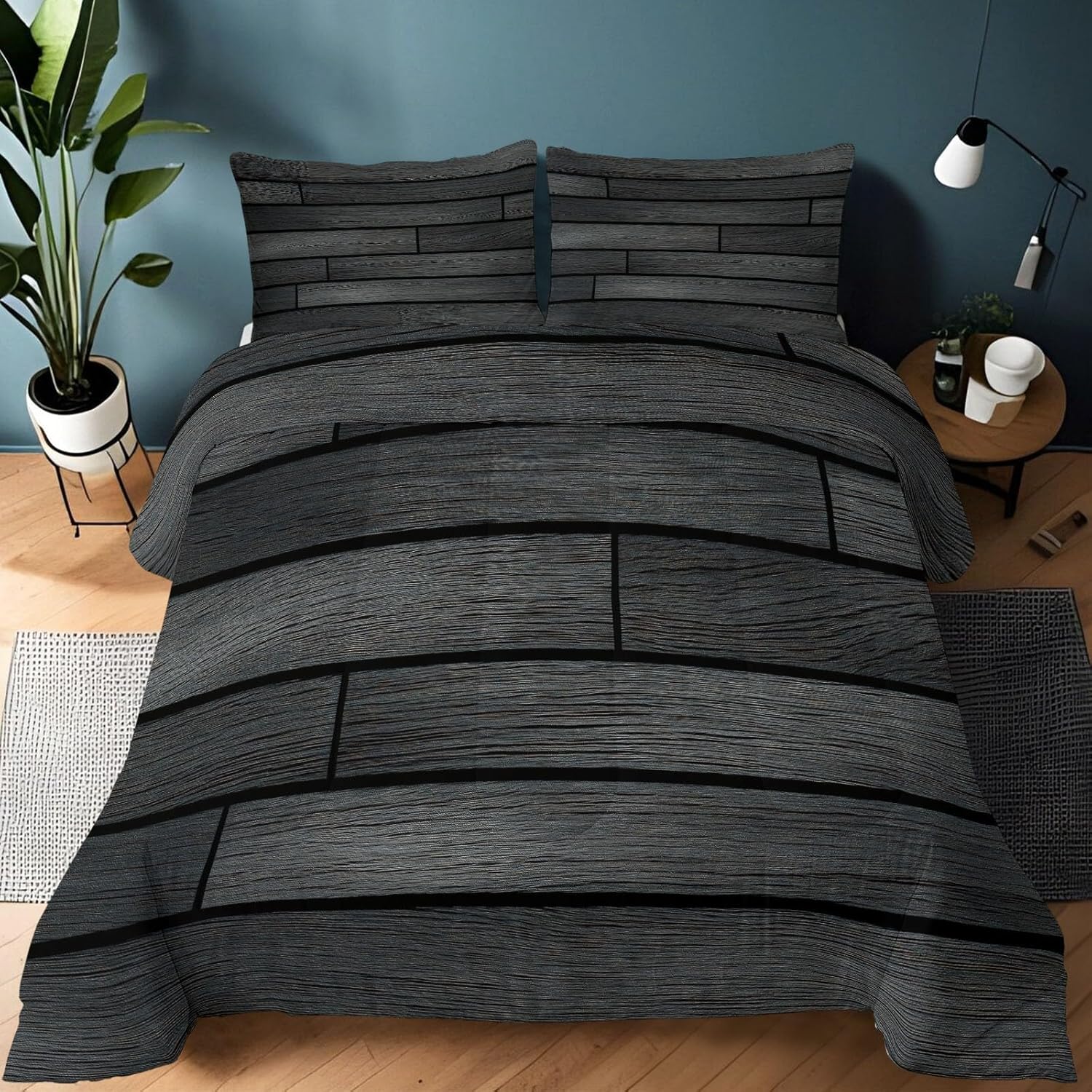 Bedding Set Queen Lightweight Soft 3 Piece Retro Antique Wood Stripes Comforter Set with 2 Pillow Covers, Quilt Breathable Dark Gray Comforter (90" x 90") for Girls Boys Kids