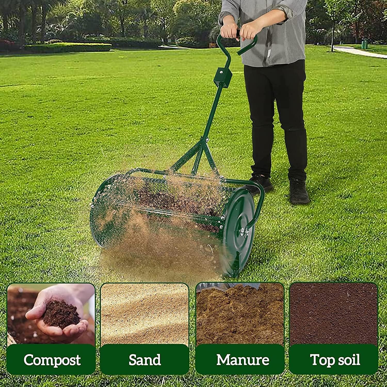 Garden Spreaders, 24 inch Heavy Duty Metal Mesh Roller Spreader, Compost, Peat Moss, Top Soil, Mulch-Garden & Lawn Care, Compost Spreader for Lawn and Garden Care