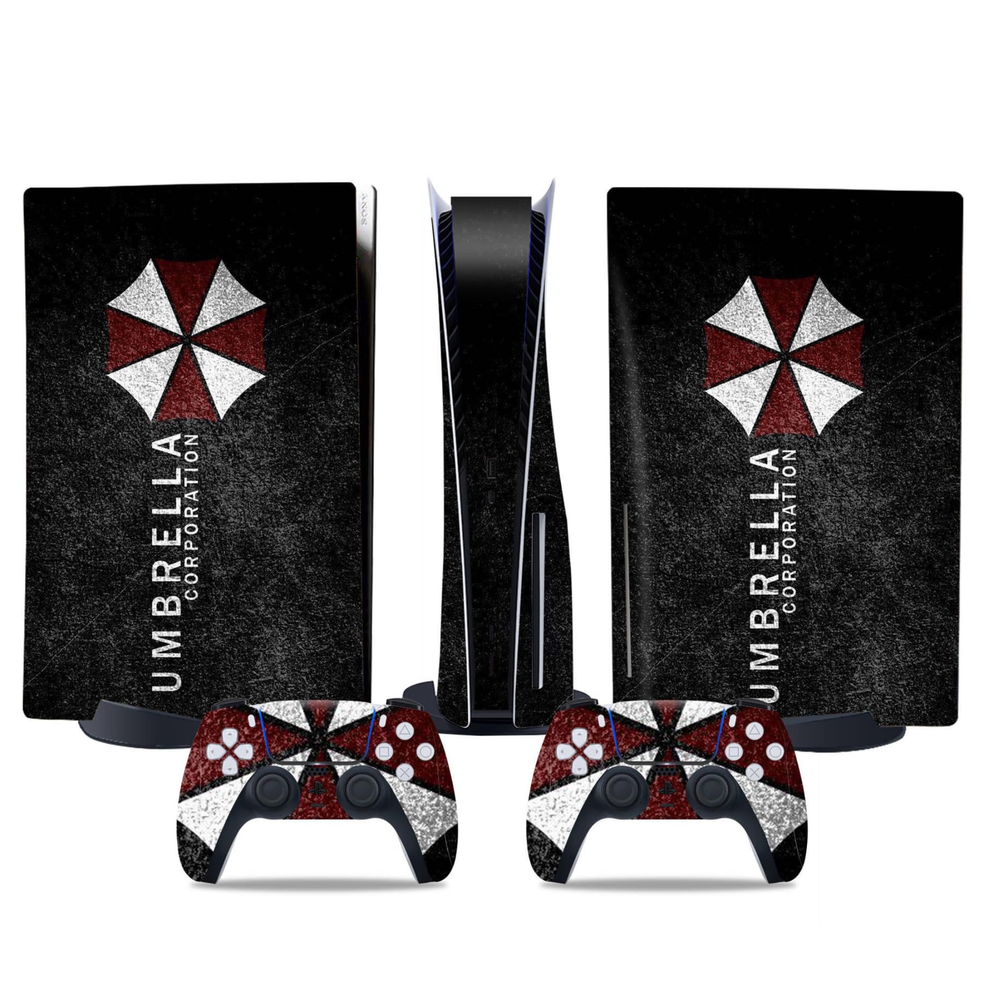 MaD Vision® Extra-Durable Skin Kit per PlayStation 5 (PS5) Disc | Set di Pellicole Adesive in Vinile Opaco per la Console e 2 Controller - per Resident Evil Umbrella Design