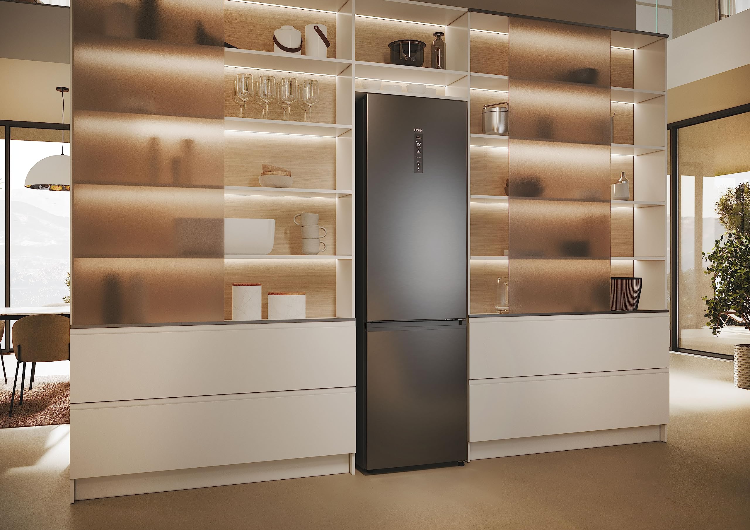 Haier 2D 60 Series 5 Pro HDPW5620ANPD Frigorífico Combi, 409L, WIFI, Motor Inverter, My Zone, Cajón Humidity Zone, Total No Frost, Ancho 59,5cm, Botellero Plegable, Luz LED, Inox oscuro