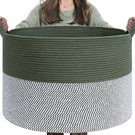 INDRSSME Large Laundry Storage Basket, 21.7 x13. 8 - Decorative Rope Blanket Basket for Organizing Bedroom, Living Room, Nursery, Toy Storage for Colthes Towel, Empty Gift Baskets -Green