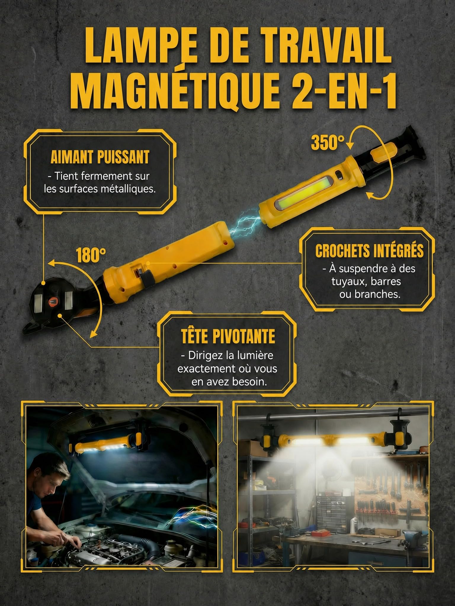 3000LM Baladeuse LED Mecanicien, 5200mAh Lampe de Travail avec Batterie Externe, 2-en-1 Séparable, Aimant, Crochet, IP54 SOS, Réparation Auto (Jaune vif)