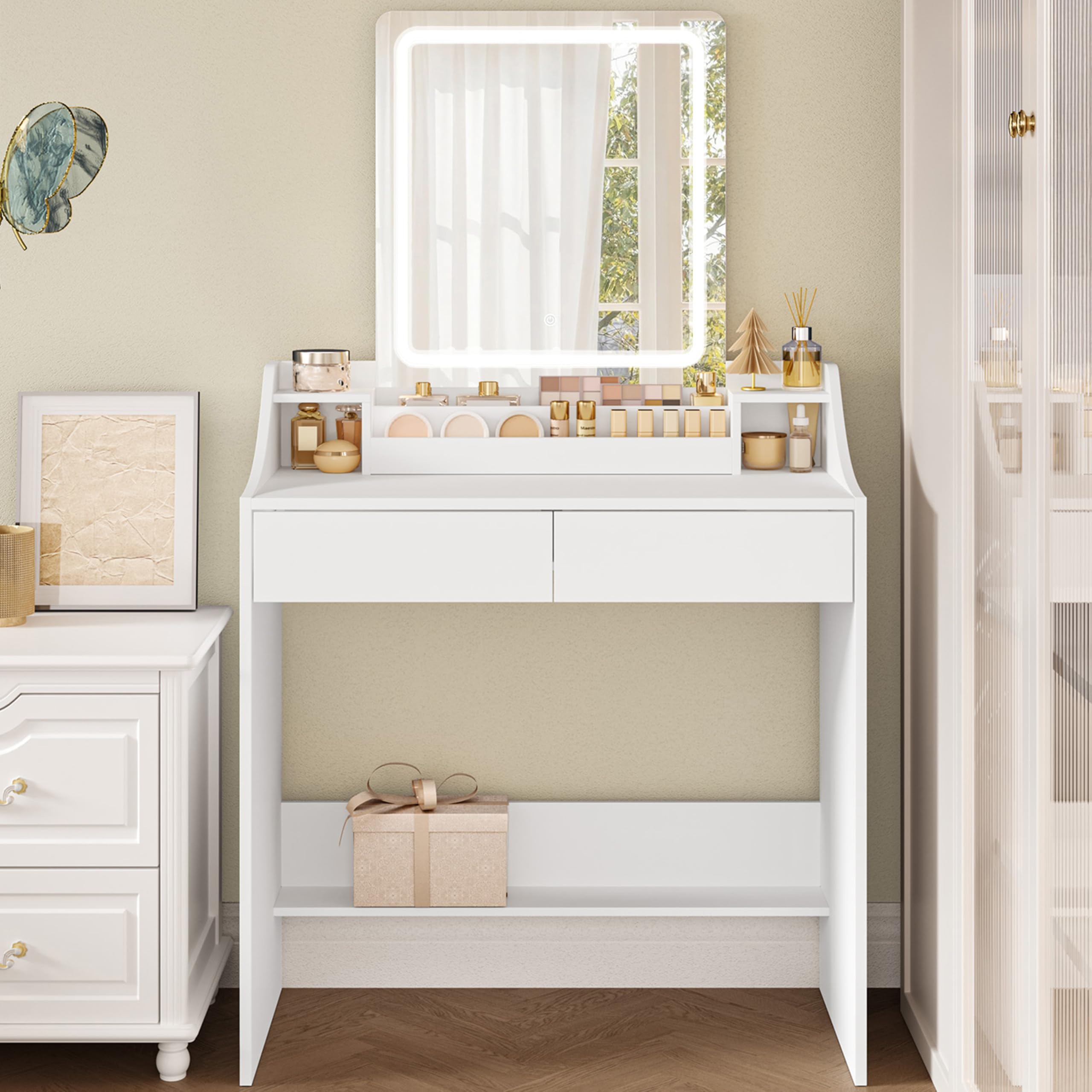 Hzuaneri Dressing Table with LED Lights, Adjustable Brightness and Color, Vanity Table with Mirror, Vanity Desk with 2 Drawers and 2 Open Compartments, Modern, 80 cm Desktop, White DT43503XUK