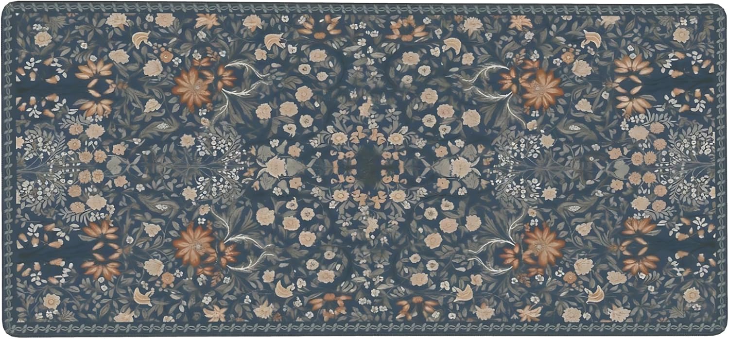 Floral Aesthetic Wildflower Gaming Mouse Pad, Blue Pink Rug Desk Mat with Anti-Slip Base & Stitched Edges, Office & Home Desk Decor for Women, 35.4" x 15.7" in Computer Desktop Mat