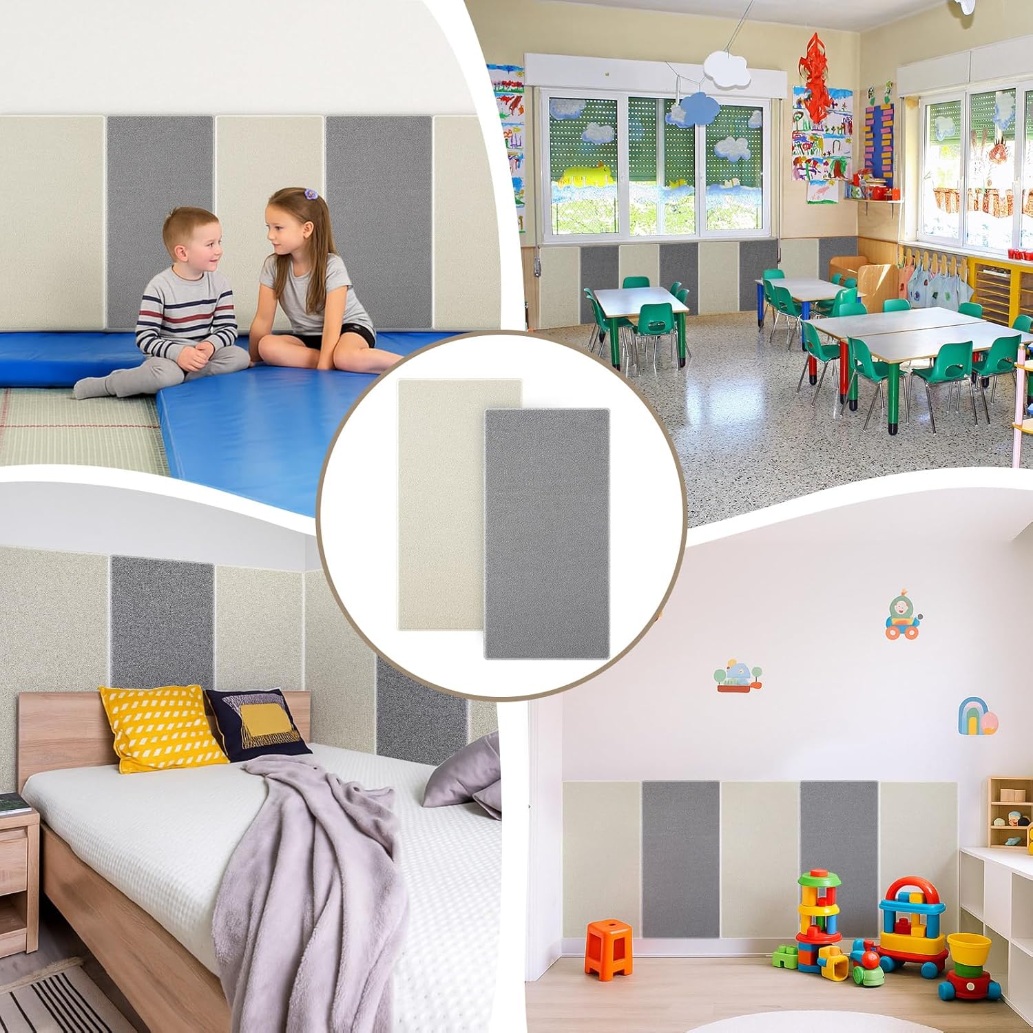 4 Pcs 23.6'' x 11.81" Coral Fleece Wall Padding for Kid Playroom 3D Peel and Stick Headboard Anti Collision Self Adhesive Panel Upholstered Beige Light Gray Padded Cushions for Autism Bedroom