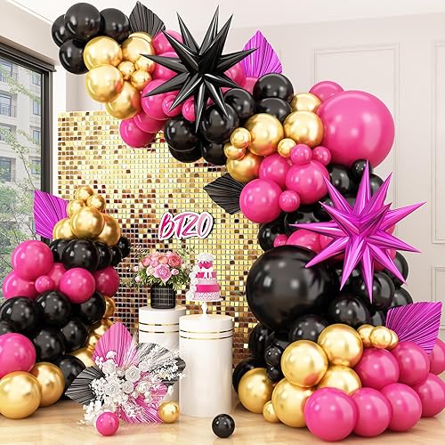 Miniatura 7 de Kit de arco de globos de color rosa intenso y morado, guirnalda de globos morados y negros con globos de papel de aluminio de estrella para bodas,