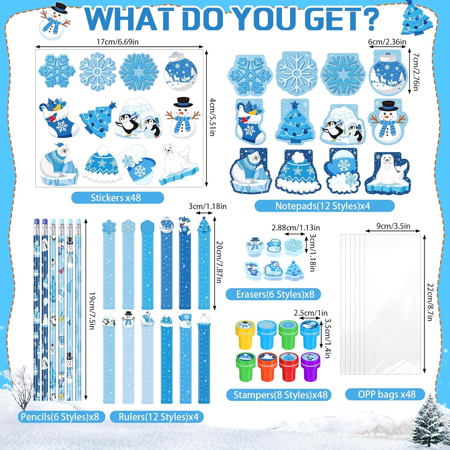 Faccito 336 Pcs Winter Party Favors Snowflake Party Supplies Winter Wonderland Stationery Set Notebook Sticker Stamper Eraser Ruler Pencil for Christmas Baby Shower Birthday Gift Prize